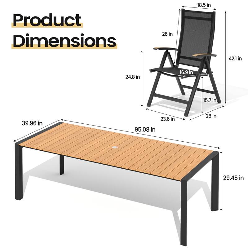 Set of 9 Outdoor Patio Dining Set WoodLike Table Top Aluminum Umbrella Hole Table with Folding Chairs
