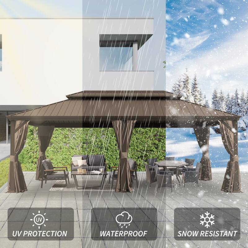 14' X 24' Hardtop Gazebo with Drainage System, Galvanized Steel Roof, Curtains and Netting, Outdoor Shelter for Patio, Garden