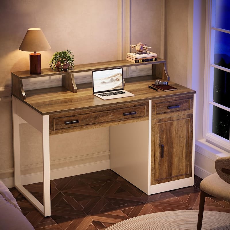 Computer Desk with Drawers & Hutch, Modern Executive Office Desk with Storage Door Cabinet