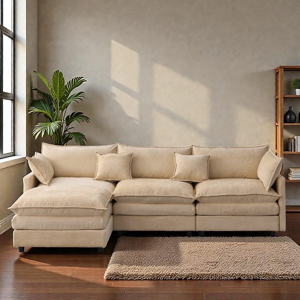 105" L-Shaped Modular Sectional Sofa with Ottoman, Soft Chenille Upholstery, 3-Seater Couch