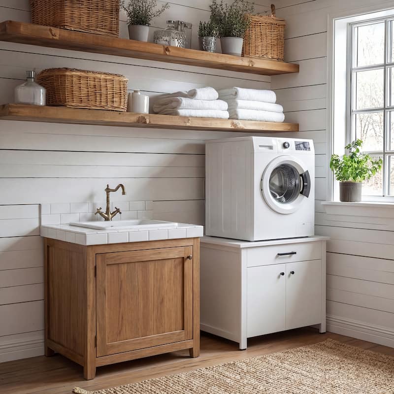 Laundry Cabinet with Drawer and Double Doors, Heavy Duty Washer Stand Storage Cabinet Utility Storage Cabinet