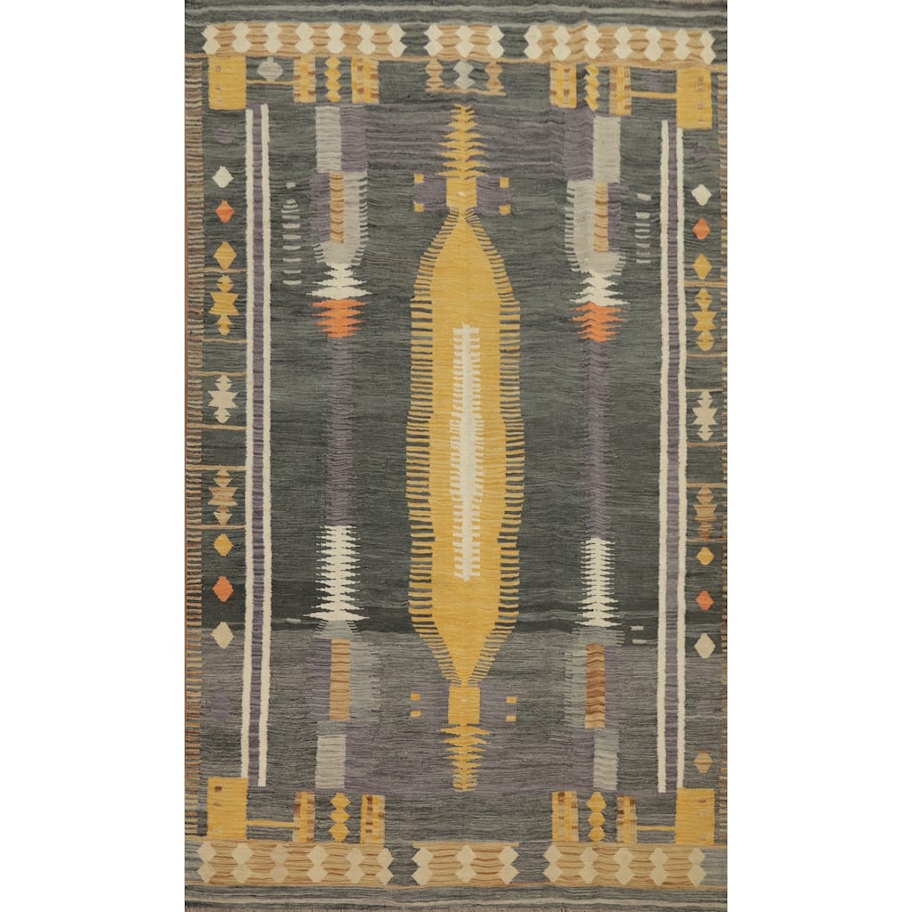 Hand Woven Oriental 100% Wool Carpet Southwestern Tribal Greys & Charcoal Kilim Area Rug - 9' 2'' X 5' 11''