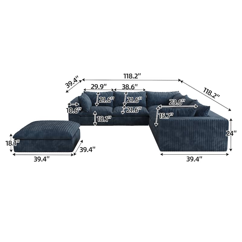 Modular Deep Seat Corner Sofa Corduroy Upholstered L-shaped Sectional Couch with Ottoman and Double-layer Seat Cushions