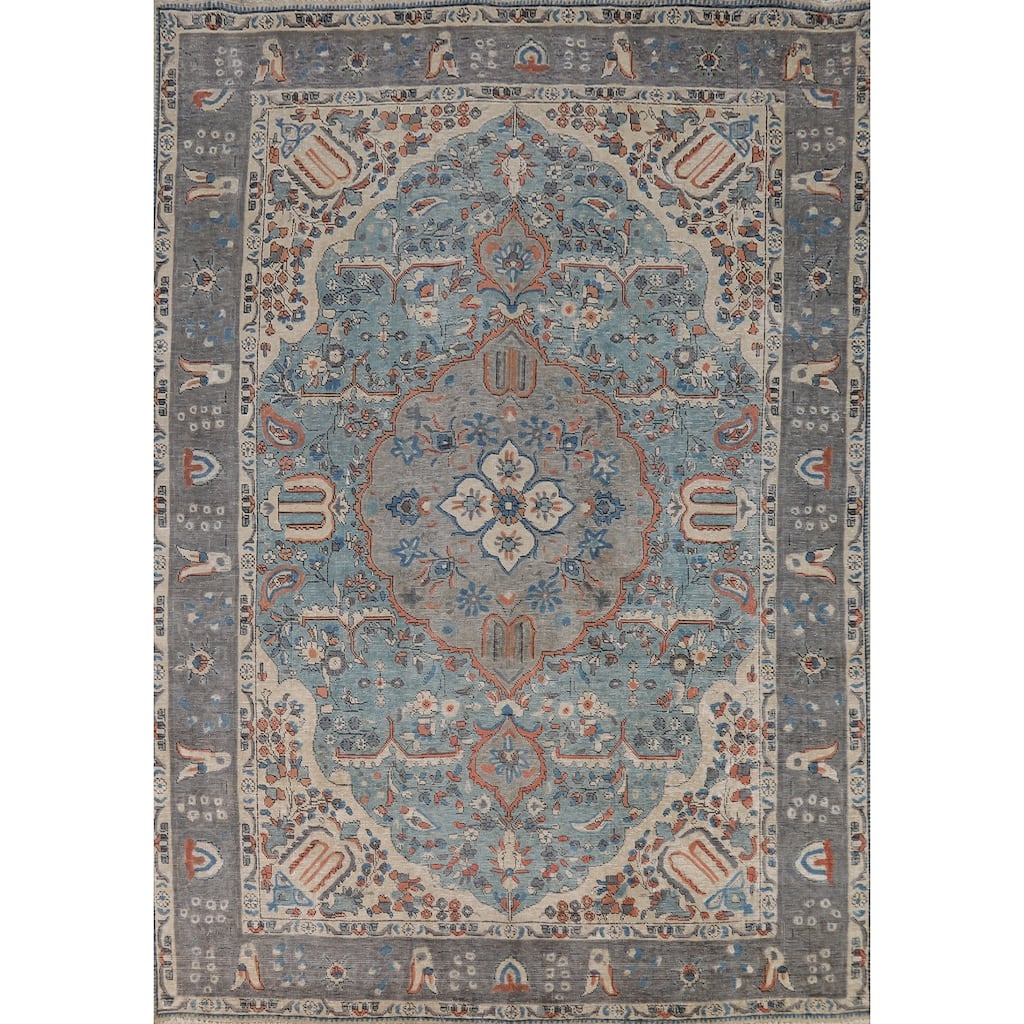 Traditional Tabriz Persian Area Rug Blue Hand-Knotted Wool Carpet - 6'5"x 9'4"