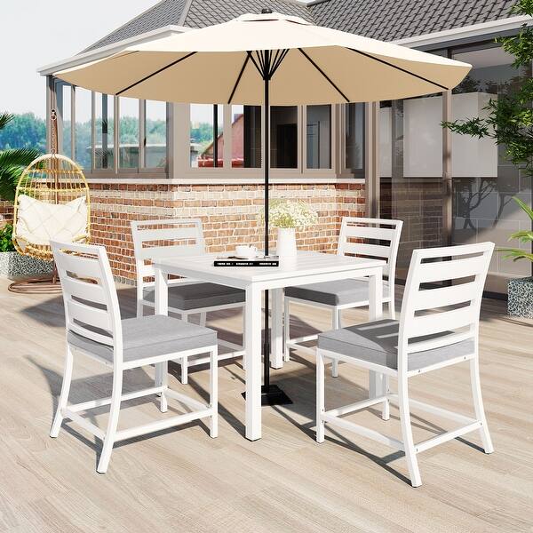 4 person patio dining set with umbrella MF Studio 6-Piece Outdoor 9 ft Umbrella, Swivel Chairs & Square Table for 4-Person, Black, Beige & Blue the chairs and table not only provide support but also add a modern flair to your patio or backyard Umbrella Hole 4-Person Patio Dining