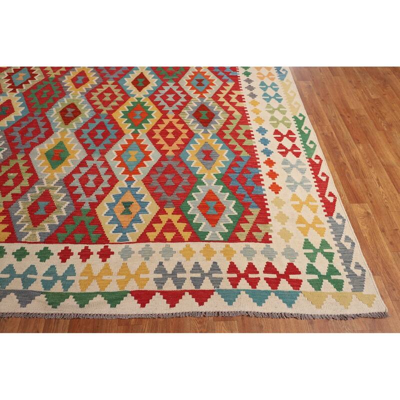 Geometric Multicolor Kilim Oriental Large Rug Flatweave Wool Carpet - 10'1"x 16'4"