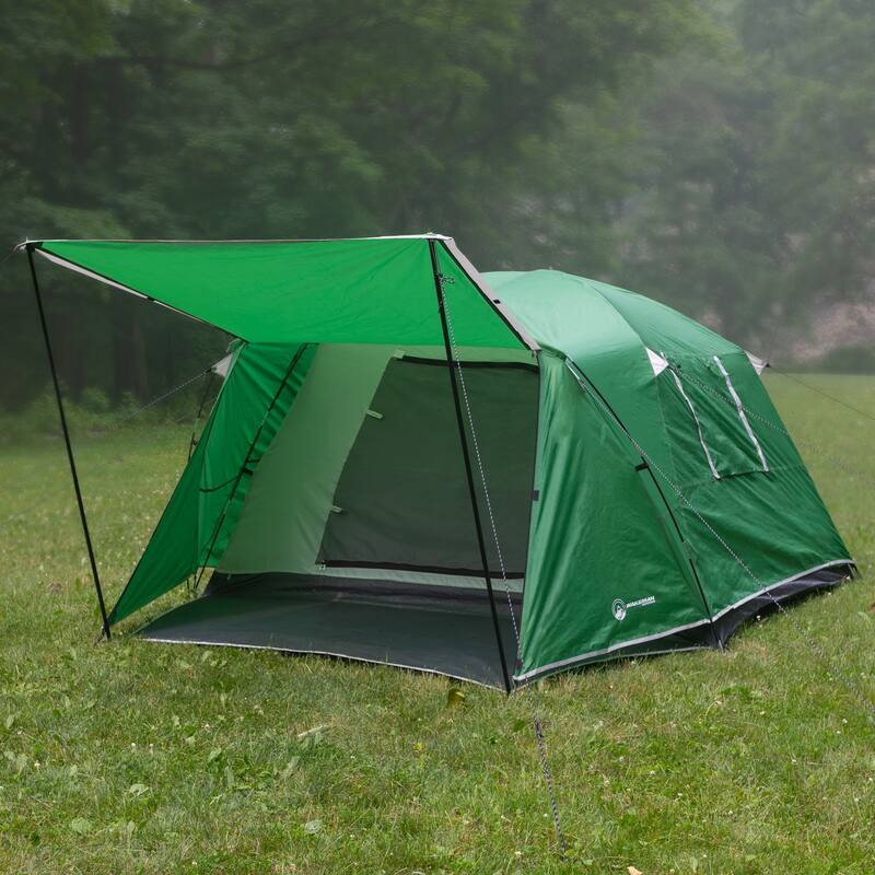 4 Person Camping Tent - Water-Resistant Outdoor Shelter with Attached Porch Canopy and Carrying Bag by Wakeman Outdoors (Green)