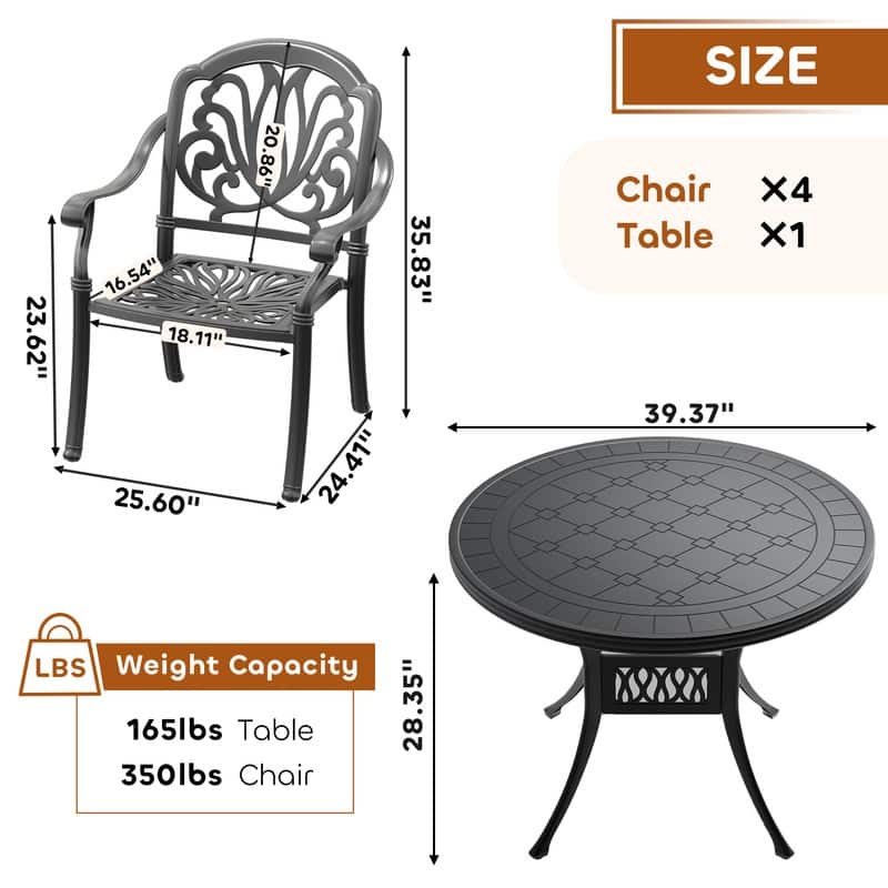 5-Piece Cast Aluminum Outdoor Dining Set with 39.37 in. Round Table and Seat Cushions