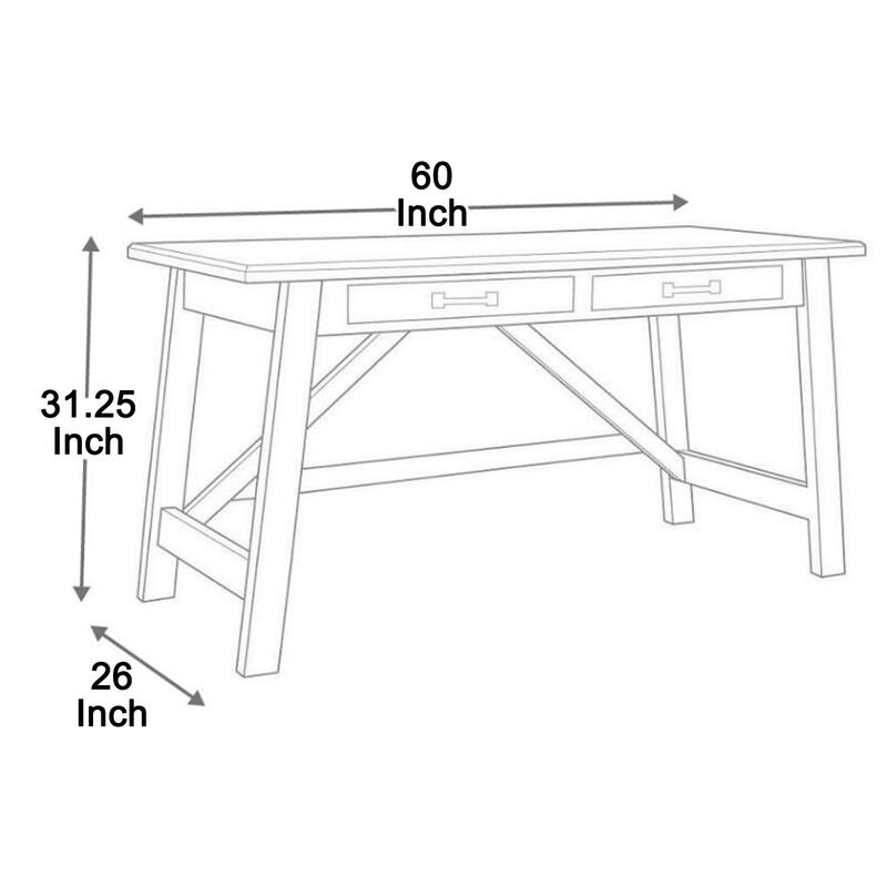 Two Drawers Wooden Desk with Cross Stretcher Brace Design, Large, Brown