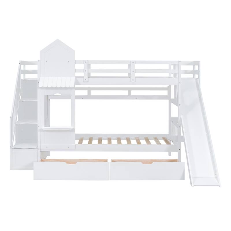 Twin-Over-Twin Castle Style Bunk Bed with 2 Drawers 3 Shelves and Slide