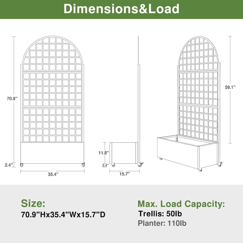 Movable Raised Garden Bed with Trellis and Lockable Wheels - 71*35