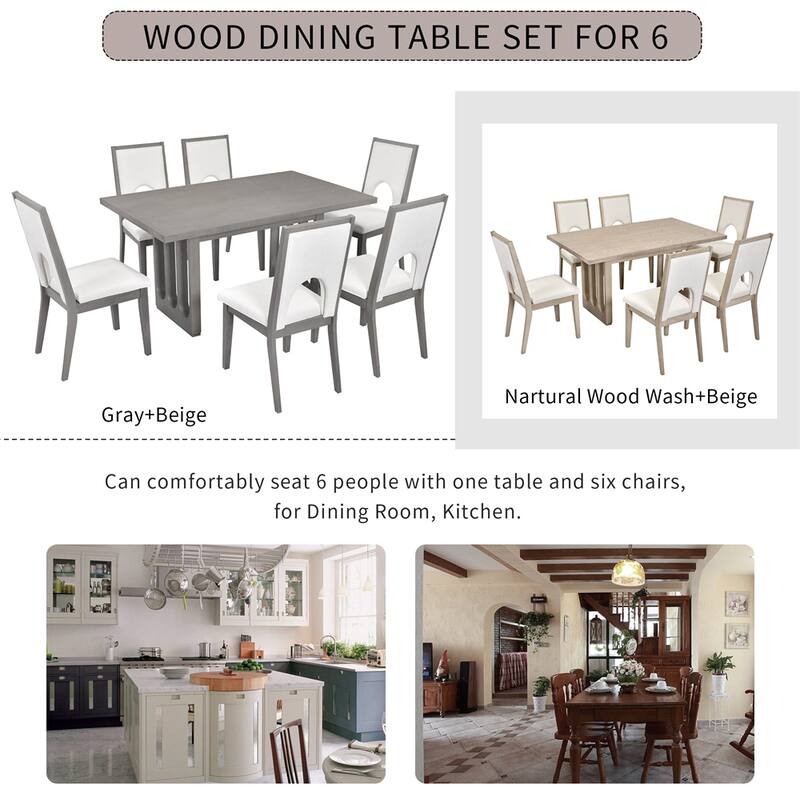 Wood Dining Table Set for 6, 1 Dining Table & 6 Upholstered Chairs