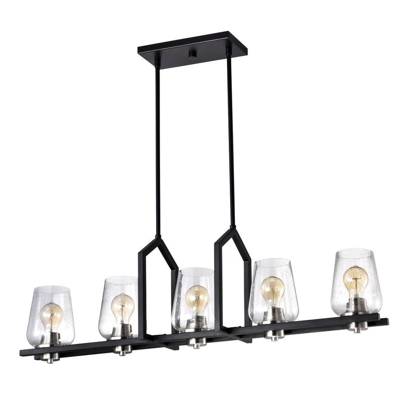 Black 5-Light Wrought Iron Linear Kitchen Island Lighting with Glass Shade