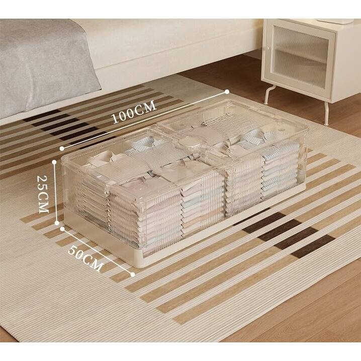 2Pcs Plastic Bed Bottom Folding Storage Box Plastic Transparent Extra Large Roller Dustproof Storage Box - White