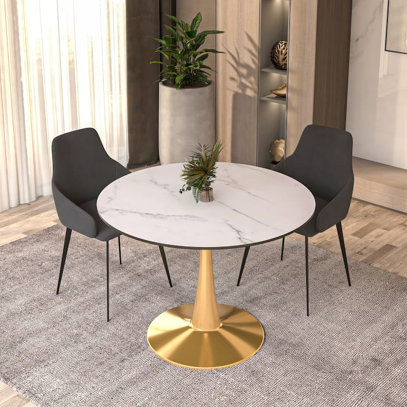LeisureMod Bristol 40" Round Dining Table for 4 with MDF Tabletop in Gold Steel Base for Kitchen & Dining Room