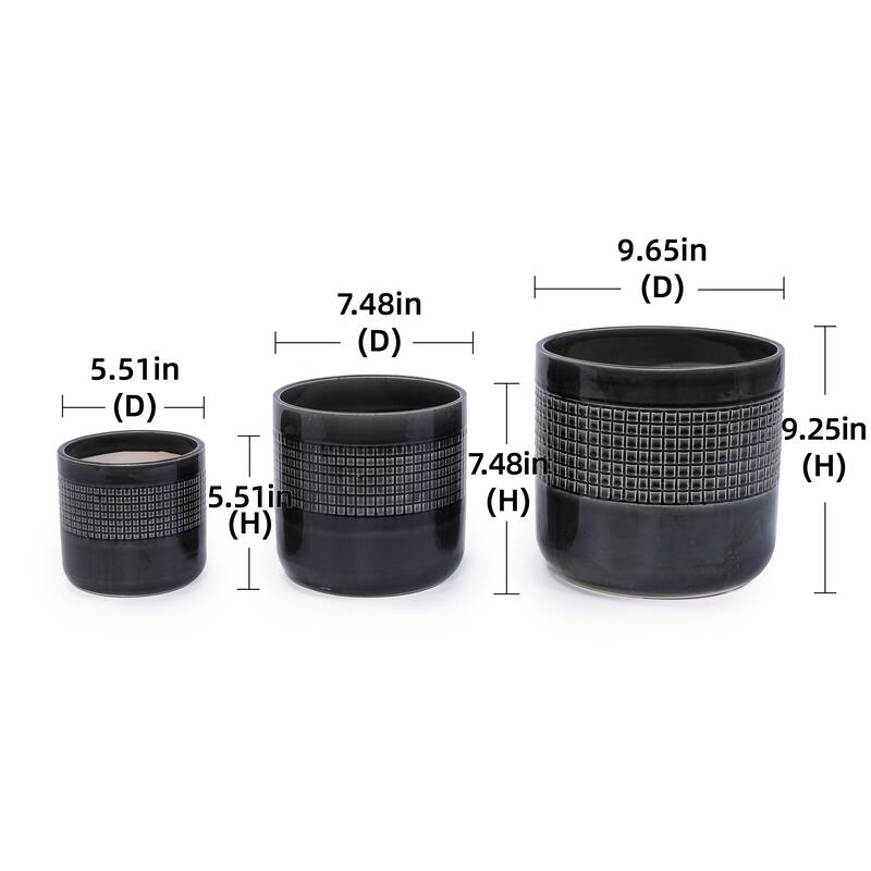 9" Ceramic Flowerpot Garden Modern Patio Grid Planter(Set of 3) - 9.65 in.W x 9.65 in.D x 9.25 in.H