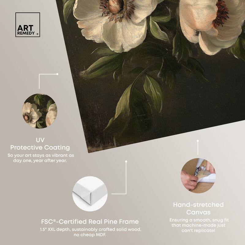 White Peonies in Dark I Canvas by Art Remedy, Gallery Wrapped