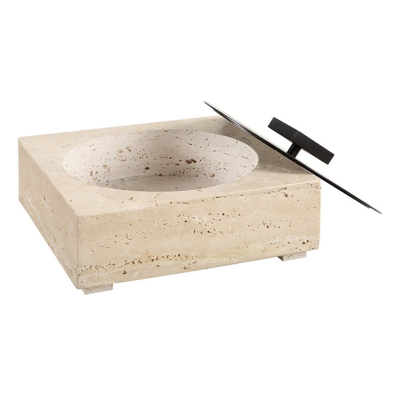 Travertine Stone Square Accent Box with Lid - 10" - Beige and Brown