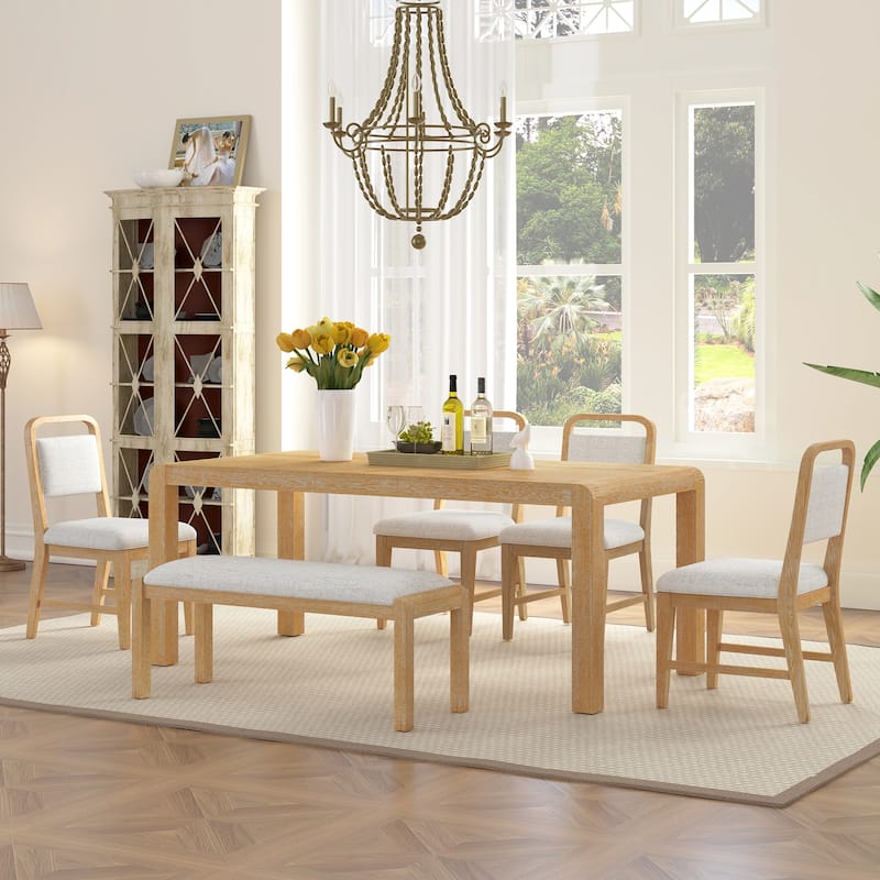 6-Piece Vintage Extendable Dining Table Set for 4-6 with 4 Upholstered Chairs & Bench, Rustic Wire-Brushed Kitchen Table