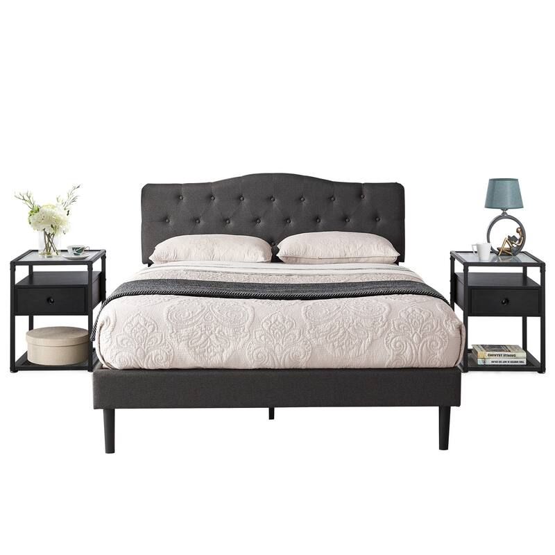 Taomika 3-pieces Height Adjustable Upholstered Bed and Modern Tempered Glass Nightstands Set