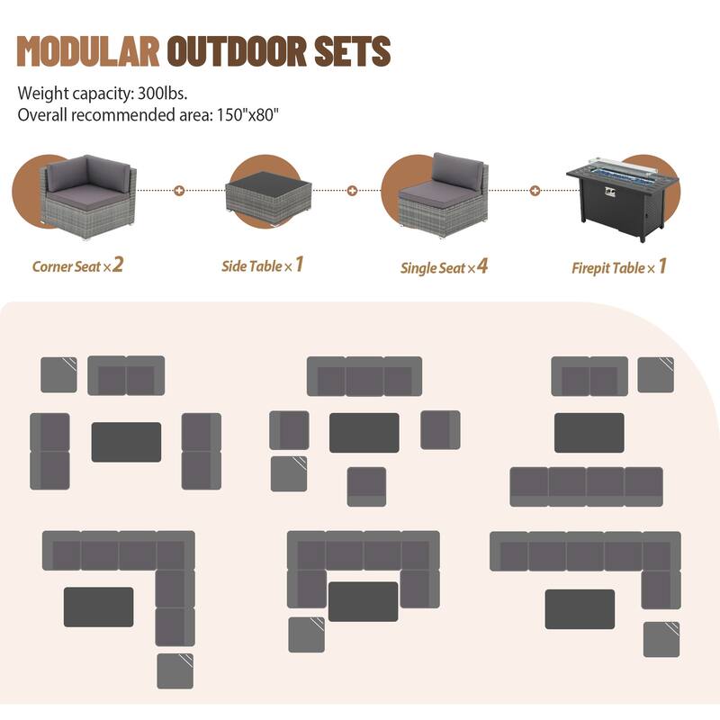 Outdoor Wicker Sectional Sofa 8-Piece Set with Fire Pit Table