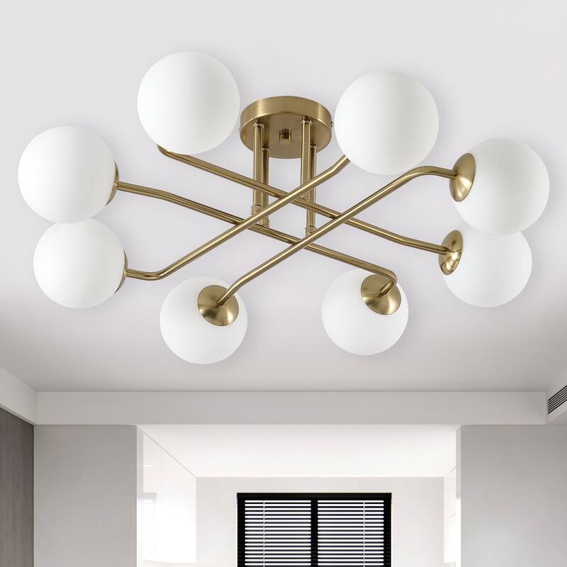 Retro - Modern Sputnik 8 - Light Semi - Flush Ceiling Light with Frosted Glass Spheres - Polished Brass