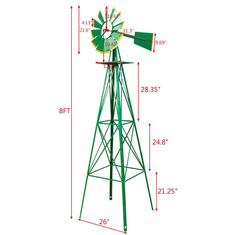 8FT Weather Resistant Yard Garden Windmill, Green