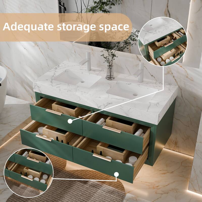 Modland 48" Floating Double Sink Bathroom Vanity with White Stone Countertop, Soft-Close Drawers, LED Lighting