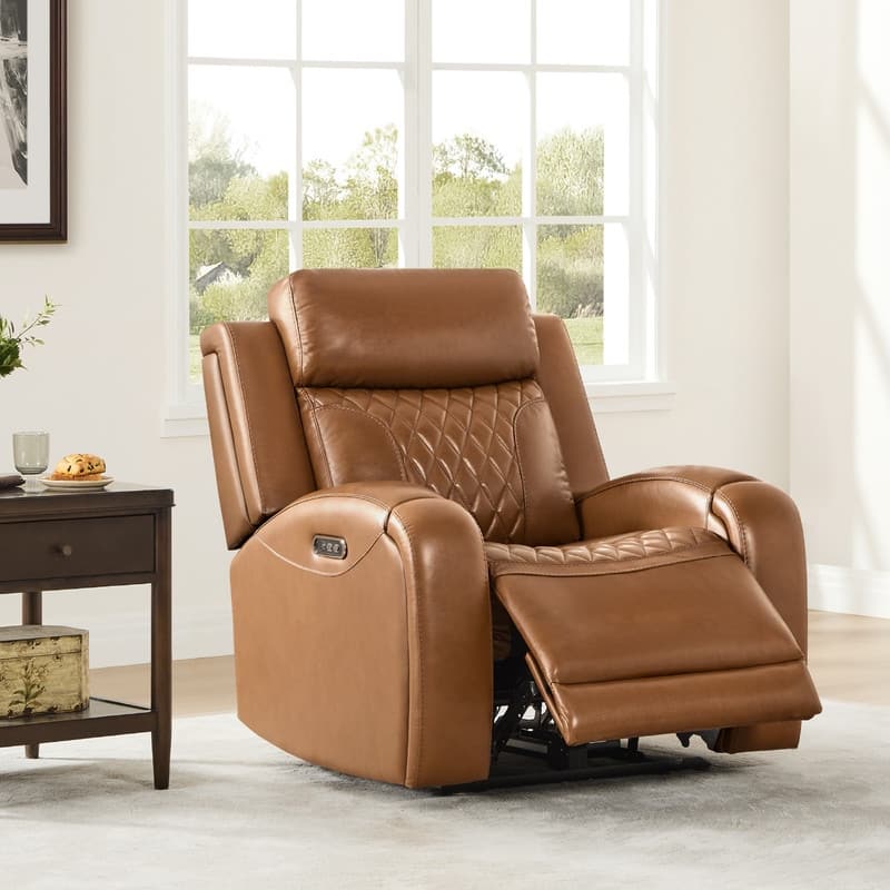 Spruce & Spring Leather Dual-Motor Power Lay Flat Recliner with Power Headrest - Saddle