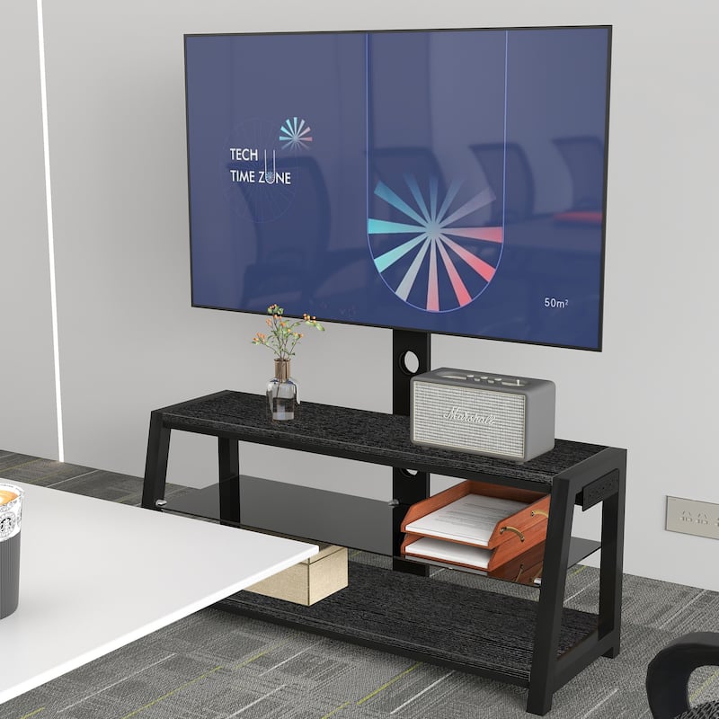 Swivel TV Stand with Glass Shelves, Entertainment Center Media Console with Adjustable Height & Charging Station