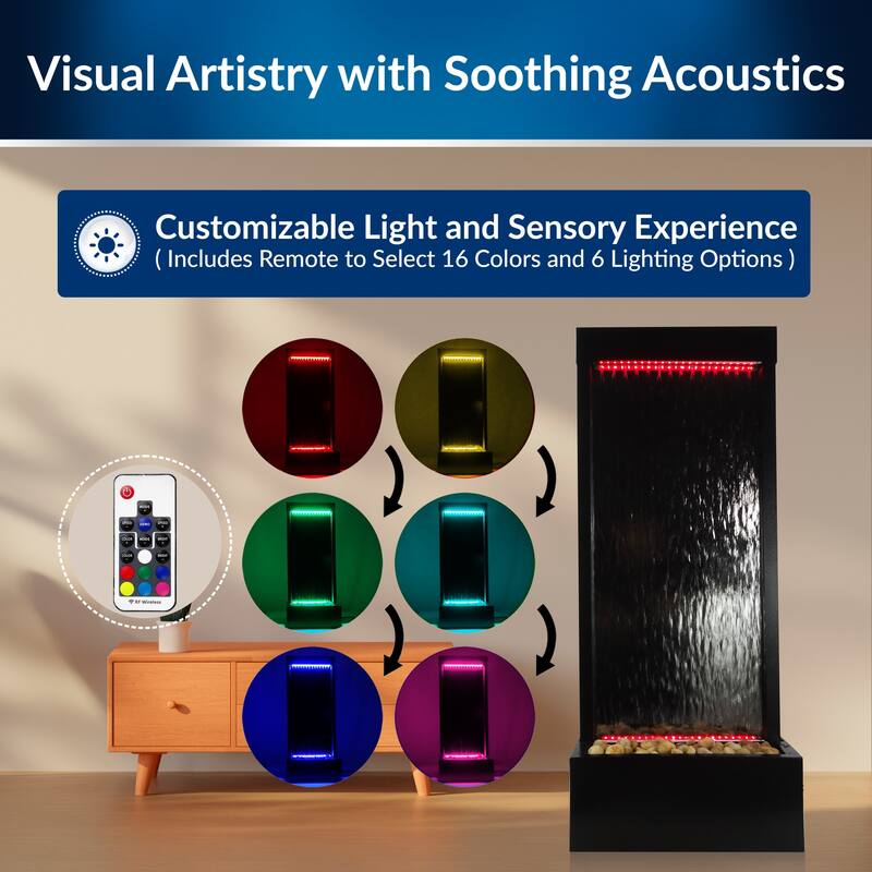 Alpine Corporation 72" Zen Mirror Waterfall Fountain with LED Lights and Stones