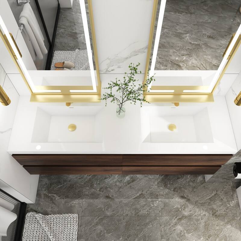 MDF Wall-Mounted Bathroom Vanity Set in Rose Wood with Integrated Culture Marble Sink