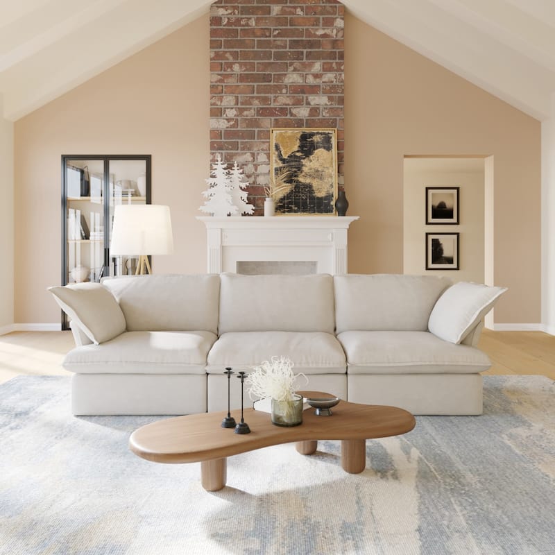 Velvet Sectional Sofa Modern Upholstered Couch Sofa for Living Room - Beige-3 seats