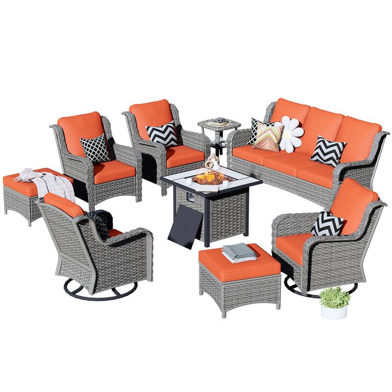 OVIOS 9-piece Patio Wicker Swivel Chair Set With 30" Fire Pit