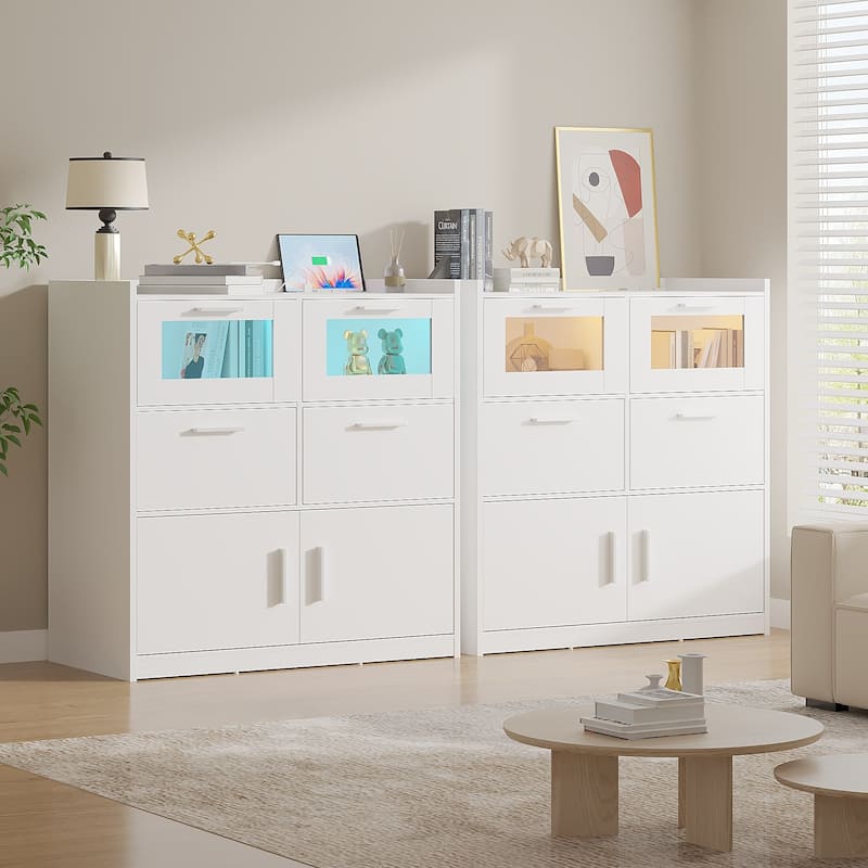 Javlergo 6 Drawers Double Dresser for Bedroom, Wood Chest of Drawers Storage Cabinets with Charging Station and LED Lights