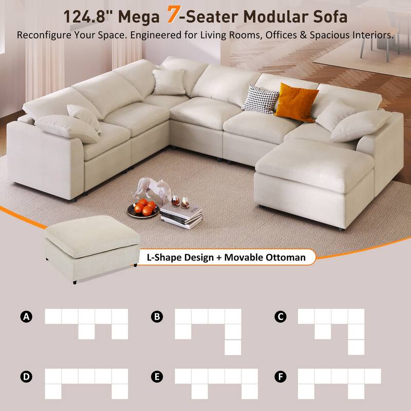 7-Seater Modular Sectional Sofa with Movable Ottoman, Extra Large L-Shaped Chenille Fabric Sofa for Spacious Living Room