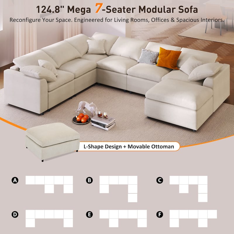 Roomfitters 124.8" 7-Seater Modular Sectional Sofa, Large Modern L-Shaped Upholstered Couch with Ottoman for Living Room, Beige