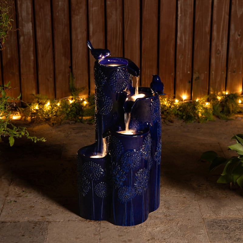 Glitzhome 27" H 4-Tier LED Ceramic Outdoor Floor Fountain with Birds, Cobalt Blue Turquoise Dandelion Texture Vase-Shaped