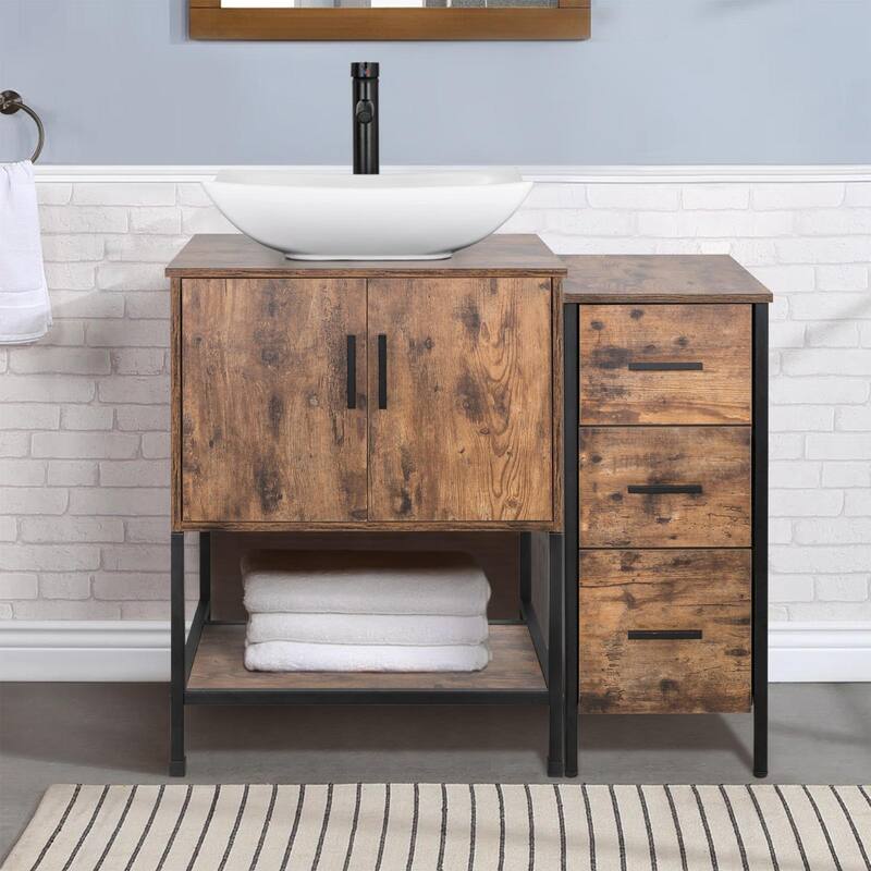 36" Bathroom Vanity Set Organizer Top Vessel Sink W/ Faucet Drain Cabinet Combo - white ceramic curved sink