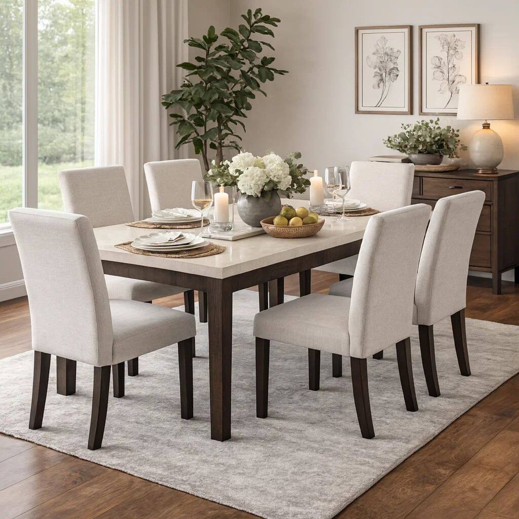 Rectangular Wooden Dining Table with Marble Top, White and Dark Oak Brown