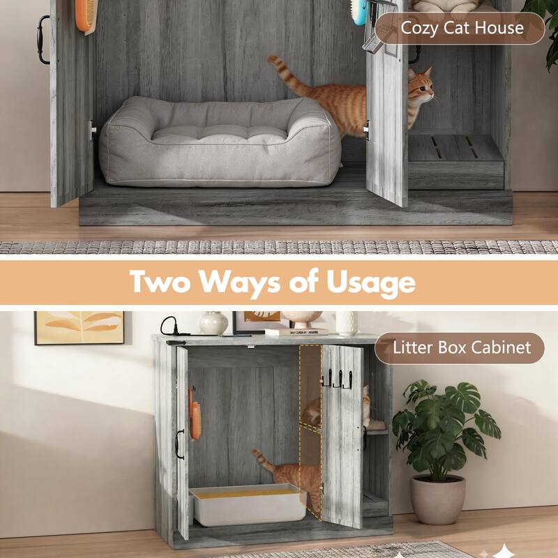 Cat Litter Box Cabinet with Power Outlet, Box Furniture for Automatic Litter Boxes, with Litter Catcher, Adjustable Shelves