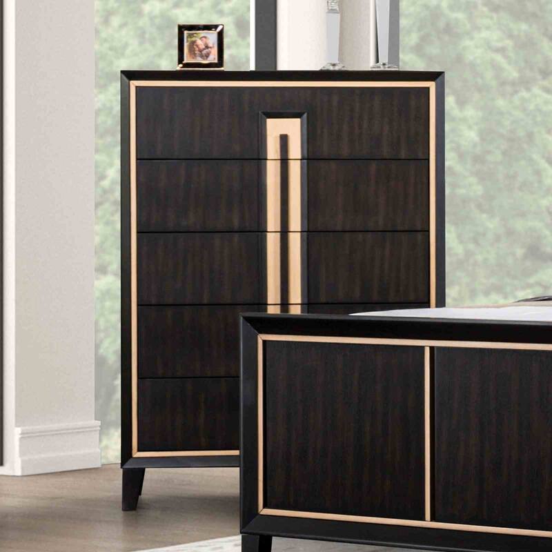 Contemporary Espresso Finish Bedroom Furniture Set with Gold Trim Accents