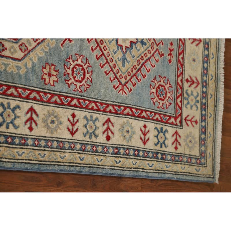 Light Blue Kazak Runner Rug Hand-Knotted Geometric Wool Carpet - 2'7" x 13'1"
