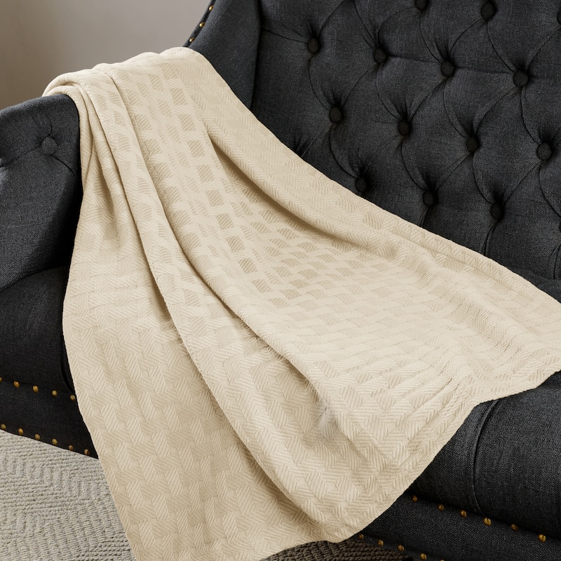 Superior Basketweave All-Season Bedding Cotton Blanket - Throw - Ivory