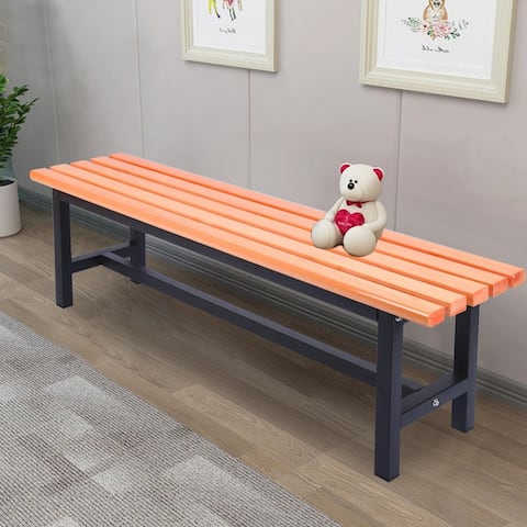Contemporary Backless Solid Wood Bench With Black Iron Legs for Dining Room Entrance Bench Living Room and Outdoor Use