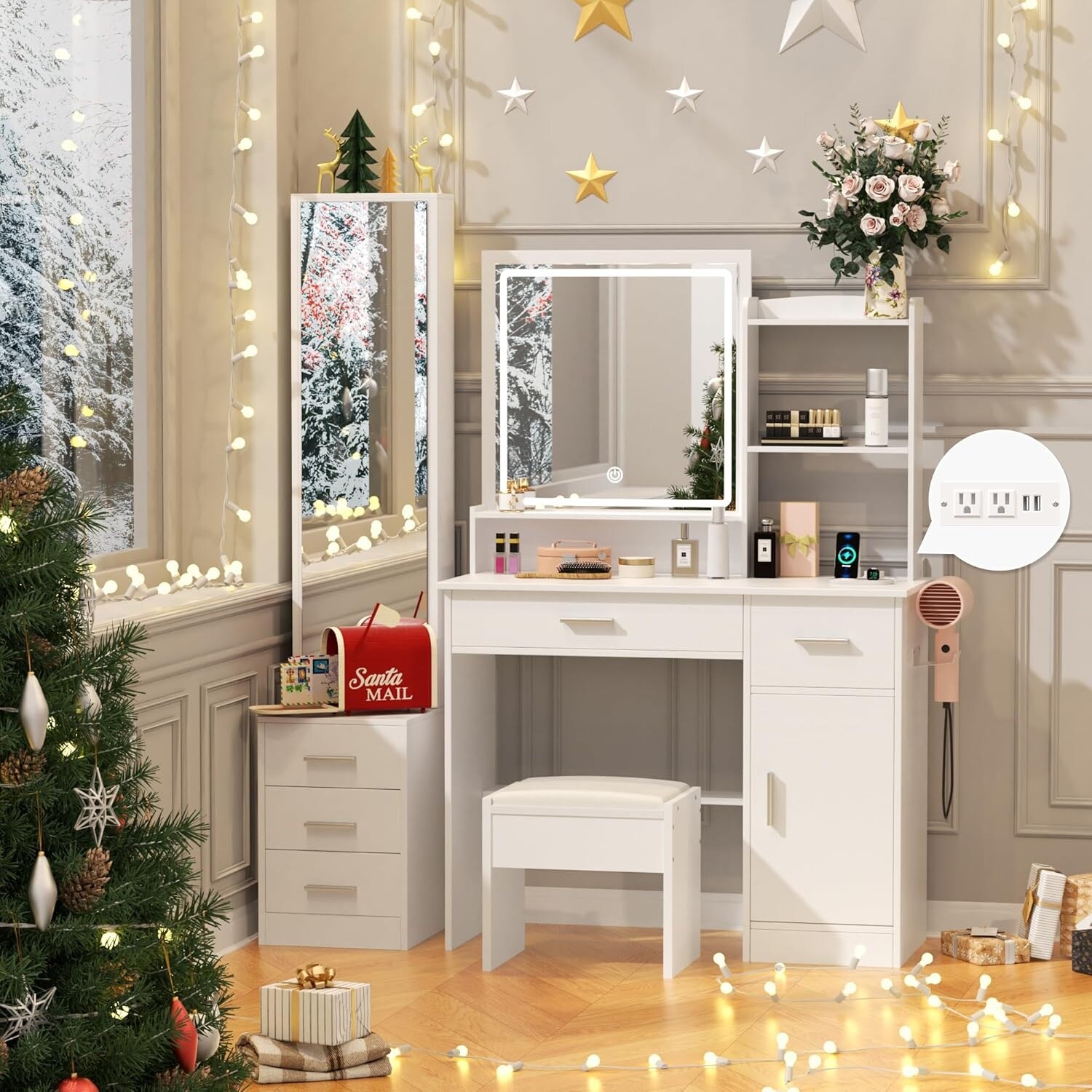 52 Wide Makeup Vanity Dressing Table with Adjustable Lighted Mirror and Stool Power Outlet On Sale Bed Bath Beyond 39899309
