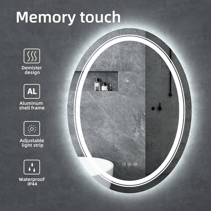 Frameless Oval Wall Mounted LED Bathroom Mirror Anti-Fog Memory - 20X28 Inch