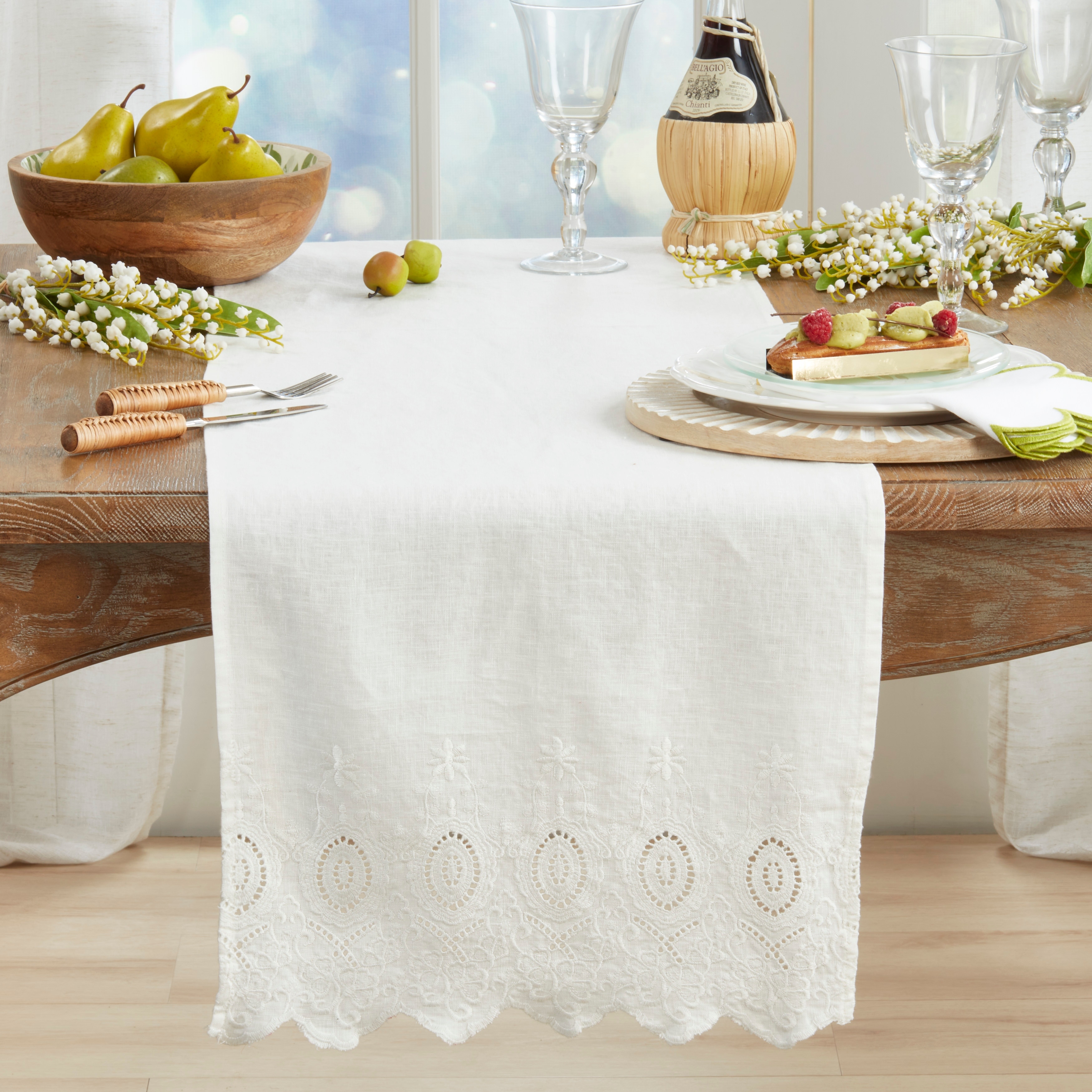 Saro Lifestyle Linen Stonewashed Embroidered Linen Table Runner, 16" x 72" - Ivory