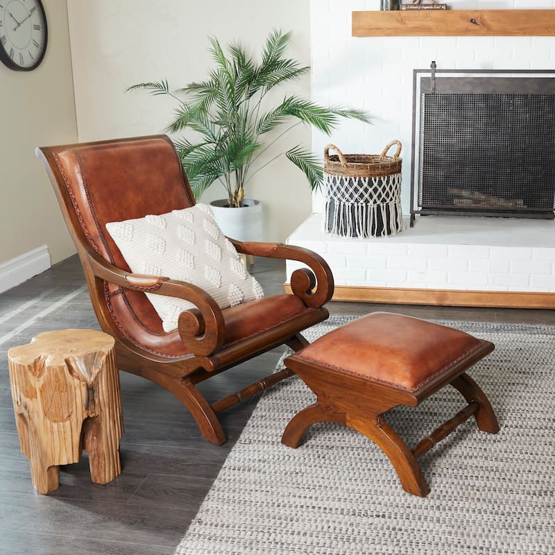 Leather Handmade Accent Chair with Ottoman with Scrolled Wood Arms and Arched Legs - Brown or Black - Roche River Decor