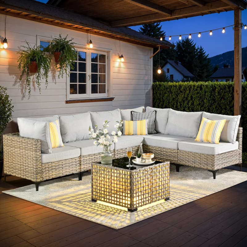 XIZZI 7-piece Outdoor Patio Furniture Rattan Wicker Modular Sofa Set with Table - Grey